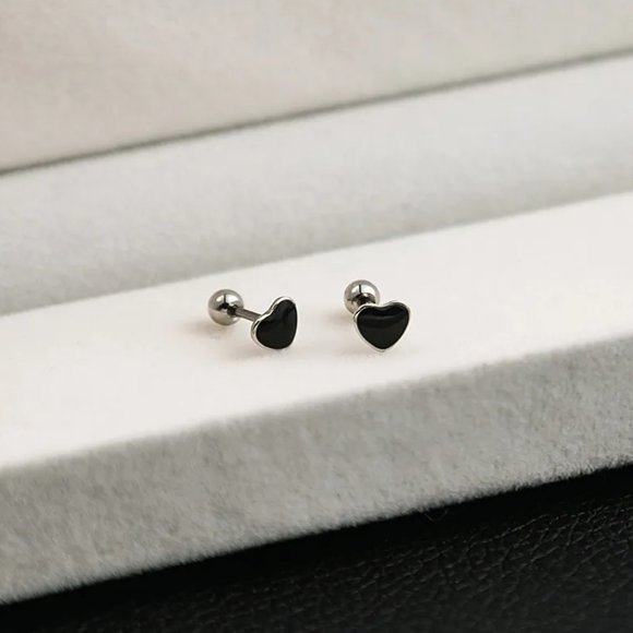 Small Silver & Black Heart Stainless Steel Screwback Stud Earrings NEW - Picture 4 of 4